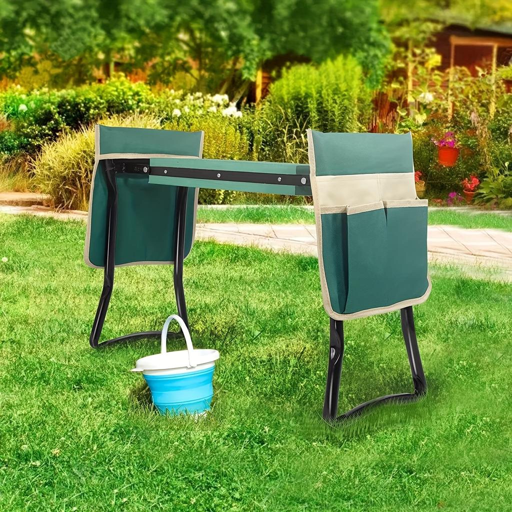 Модернизированный садовый табурет с утолщенной и расширенной мягкой подушкой для коленей, прочный складной садовый табурет с 2 сумками для инструментов