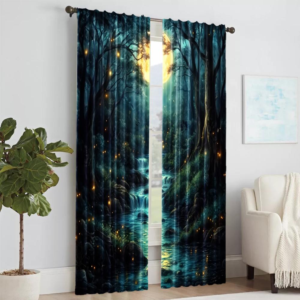 2 шт., универсальные полиэстеровые прозрачные шторы для украшения дома Сцена Лесного Лунного Потока для использования в спальнях и гостиных