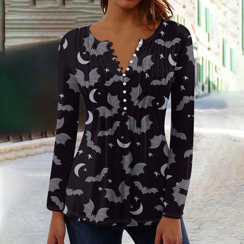 Женский топ с длинными рукавами и плиссированным воротником на пуговицах с принтом Хэллоуина, весна-осень