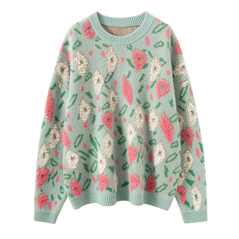 Кашемировый жаккардовый свитер с персиковым цветом, плотный начес, круглый вырез, свободный крой, толстая шерсть.