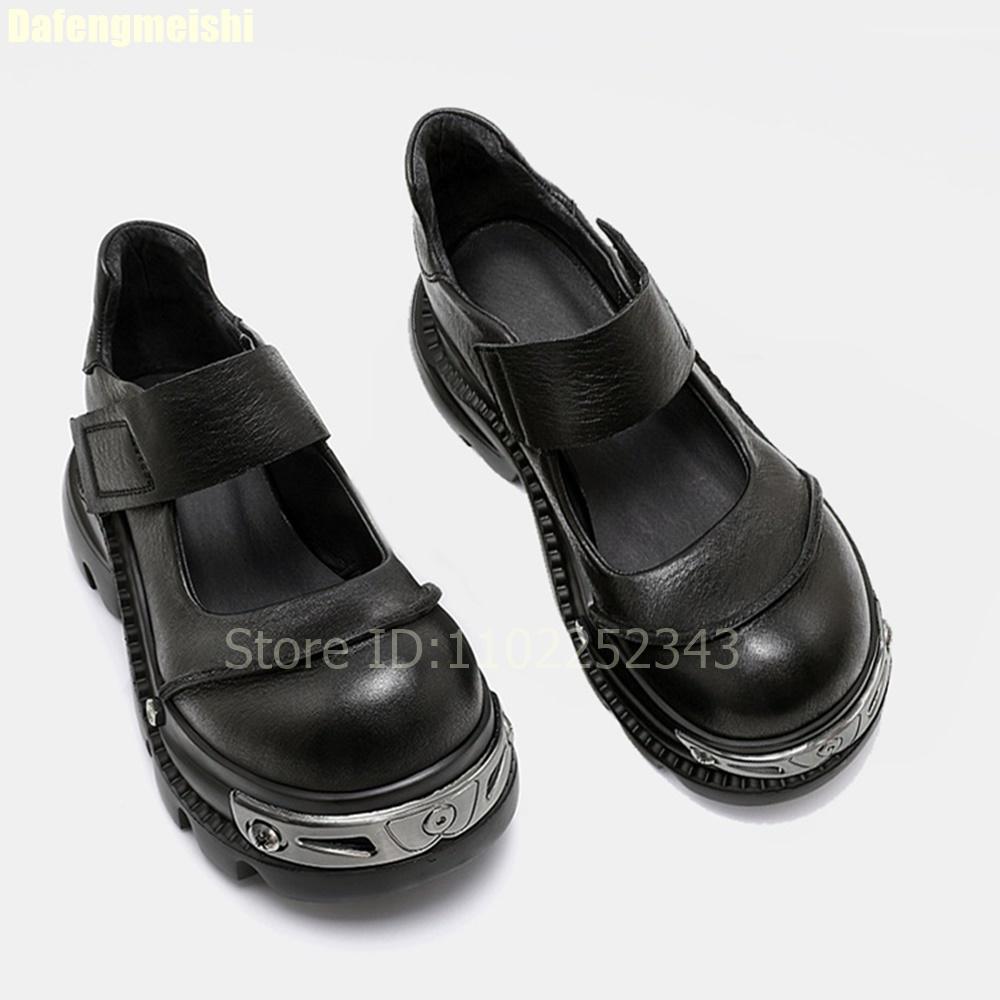 Мода 2025 Новые туфли Мэри Джейн на толстой подошве Женские Панк-стиль Летние С мелким круглым носком Черные кожаные туфли Туфли на платформе