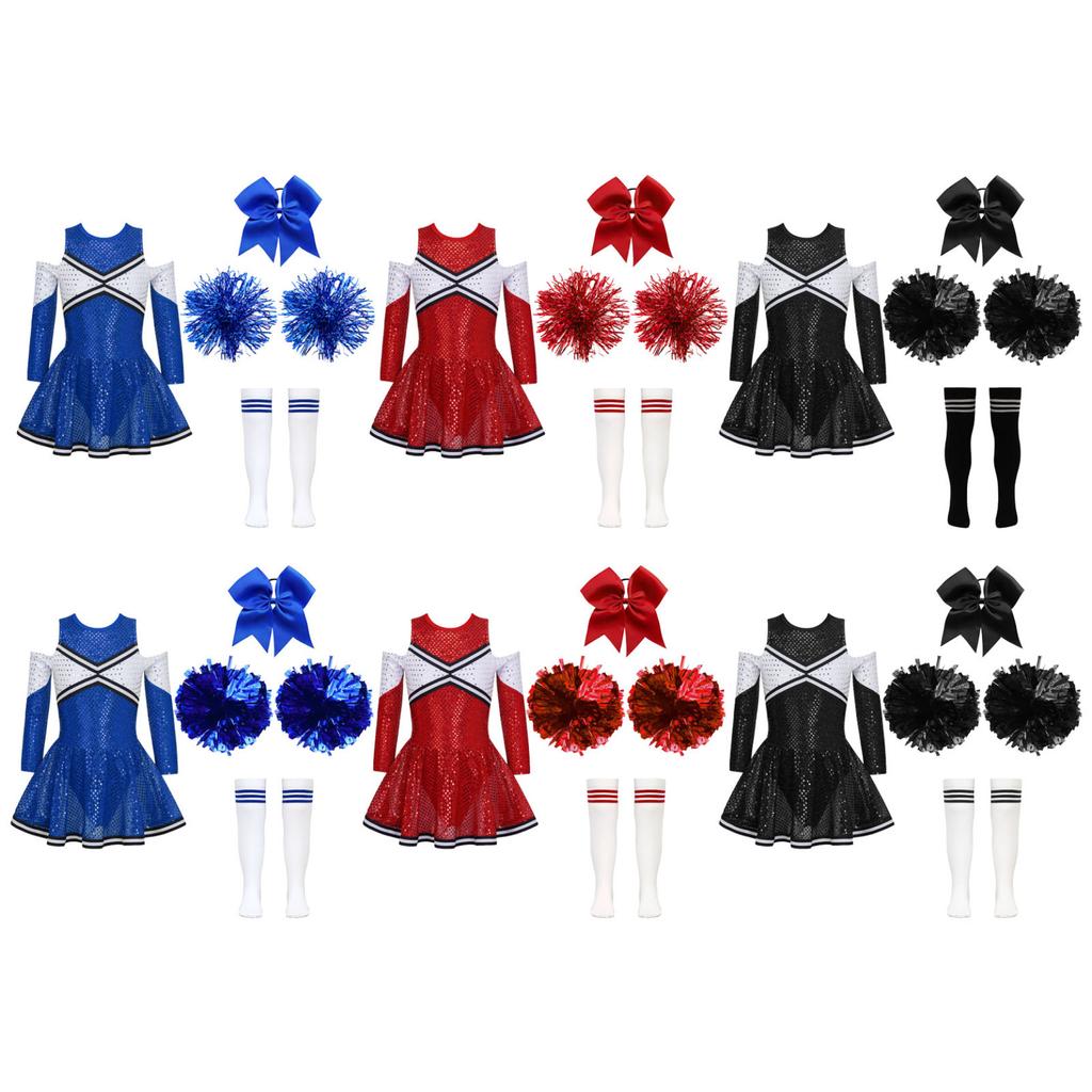 Костюм черлидинга для девочек, платье Cheer Leader с блестками и длинными рукавами, комплект с помпонами, вечеринка на Хэллоуин, день рождения