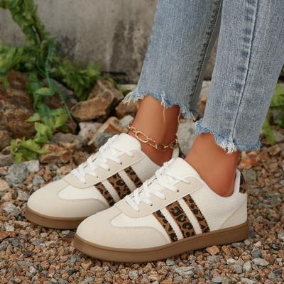 Женские кроссовки Y2K белого и коричневого цвета с золотистыми шнурками с леопардовым принтом - Обувь типа мокасин на шнуровке с ремешком на щиколотке, минималистичные
