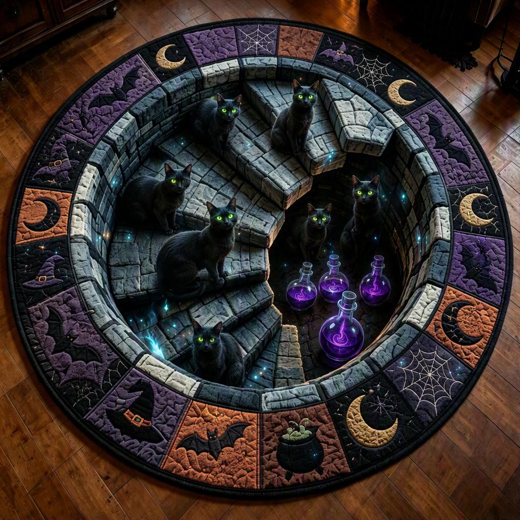 3D Illusion Halloween Round Rug Witch Ghost Black Cat Mummy Demon Magic Pattern Decorative Floor Mat Living Room Bedroom Indoor