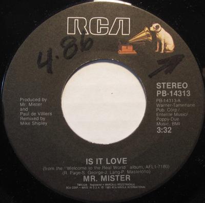 7-дюймовая запись MR. MISTER - Is It Love PB14313 RCA 1985 US Рок Б/У