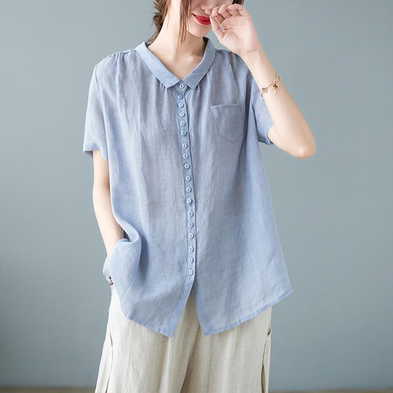 Летняя свободная однотонная рубашка из хлопка и пенькового воротника с коротким рукавом, женская рубашка, топ