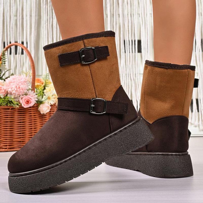 Vintage Buckle Detor Snow Boots Women Winter Mix Color Faux Suede Snow Boots Woman Short Plush Platform Warm Booties Female