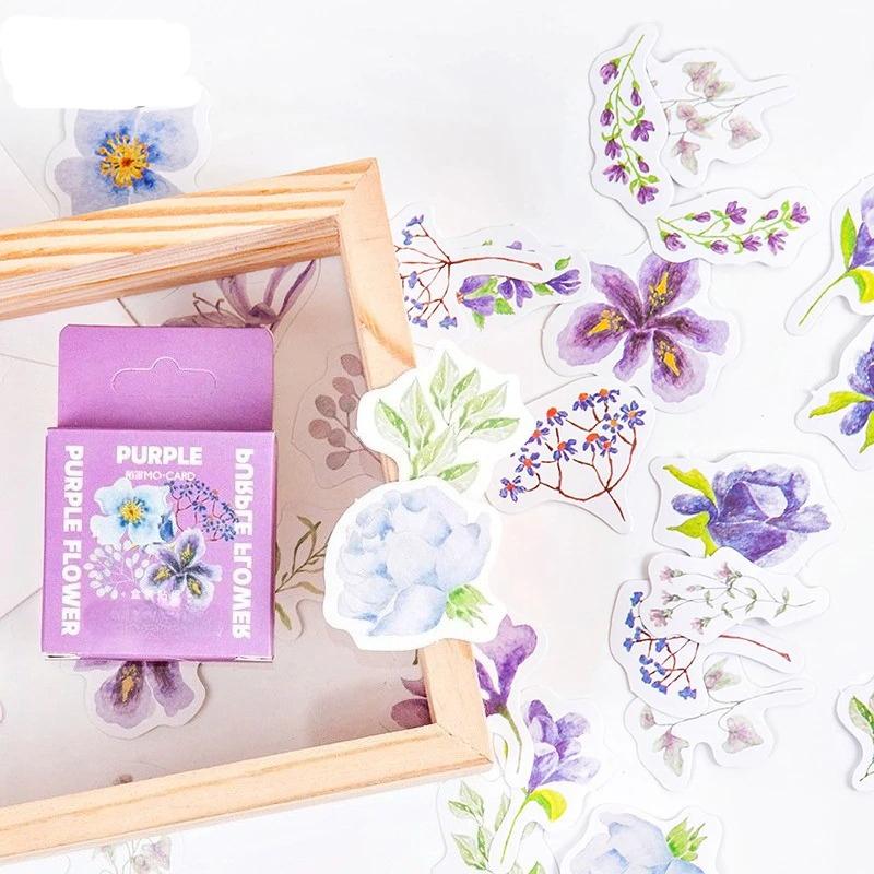 46 Pieces/box of Purple Flower Box Stickers Handmade DIY Decorative Collage Sealing Stickers Student Supplies Sealing Sticker