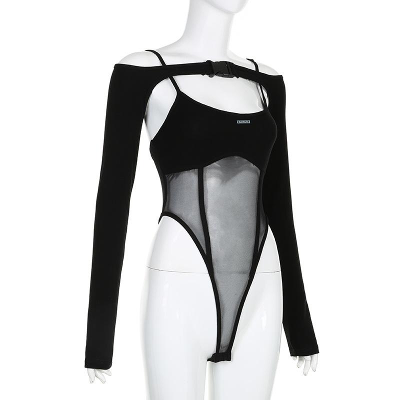 Женский сексуальный комбинезон из двух частей Pure Desire Wind Mesh Splicing Booklet Buckle Slim с длинным рукавом