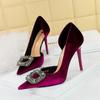 Fashion Women Super High Heels Velvet Pumps Shallow Mouth Pointed Toe Side Hollow Mental Rhinestone Crystal Buckle  Purple Shoes