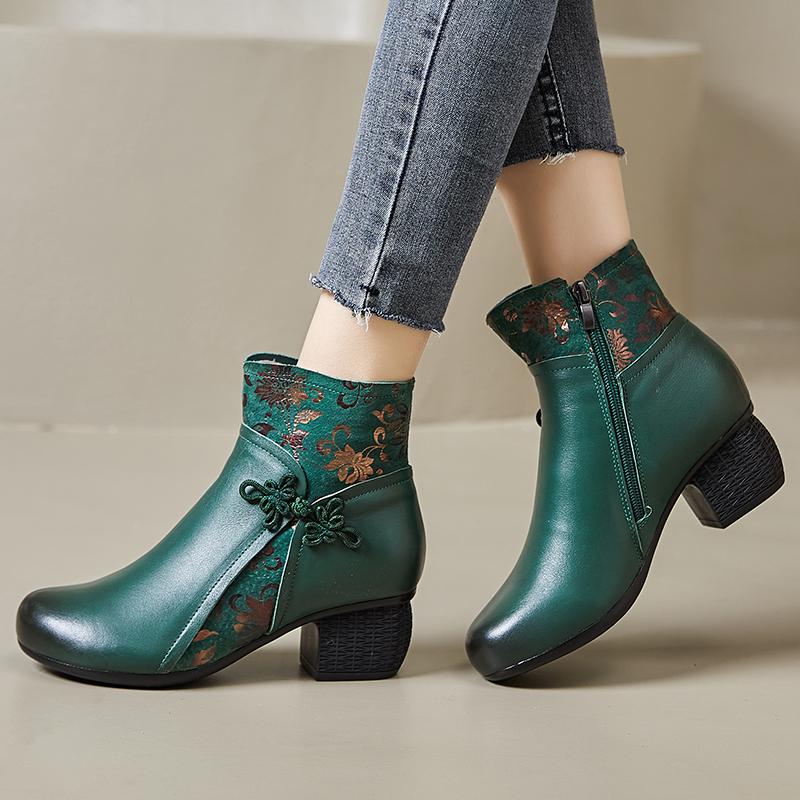 Модные ботильоны GKTINOO из натуральной кожи 2025 Зима Новые Этнические Принтованные Женские Ботинки Мягкая Подошва Толстый Каблук Кожаные Ботинки для Мамы