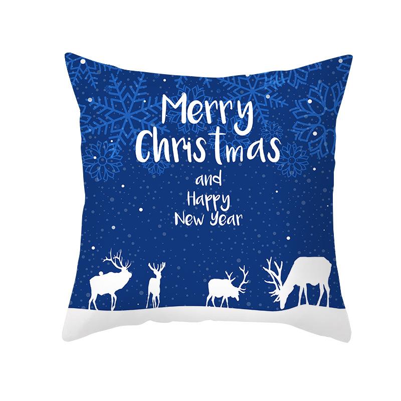 Blue Christmas Cushion Cover Merry  Elk Snowflake Print Pillowcase Sofa Ornament Home Decoration New Year Gift 45x45cm