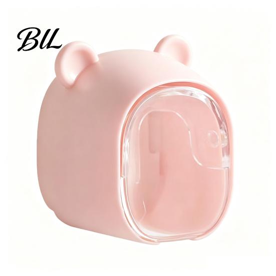 Durable Abs Plastic Stand Cute Bear Wall Mounted Toothbrush Holder with Dustproof Flip Cover, Single Punch Free Mount Dispenser Storage Organizer,