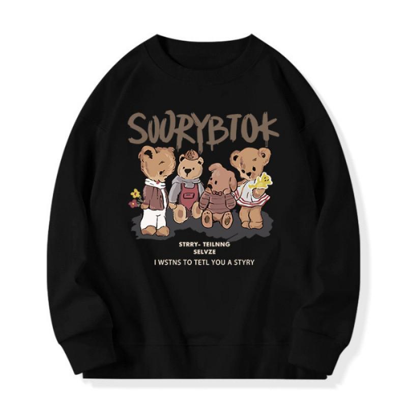 Trendy Retro Cartoon Bear Hoodie: Women's Loose Fit, Round Neck, Plus Velvet, Korean & Hong Kong Style, White & Gray, for Spring & Autumn