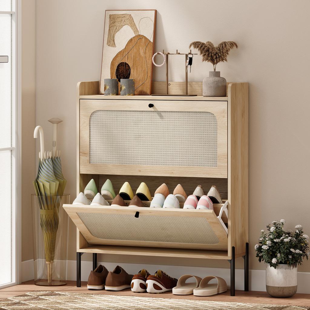 Shoe Cabinet with 2 Flip Drawers, Boho Narrow Shoe Storage Cabinet, Oak