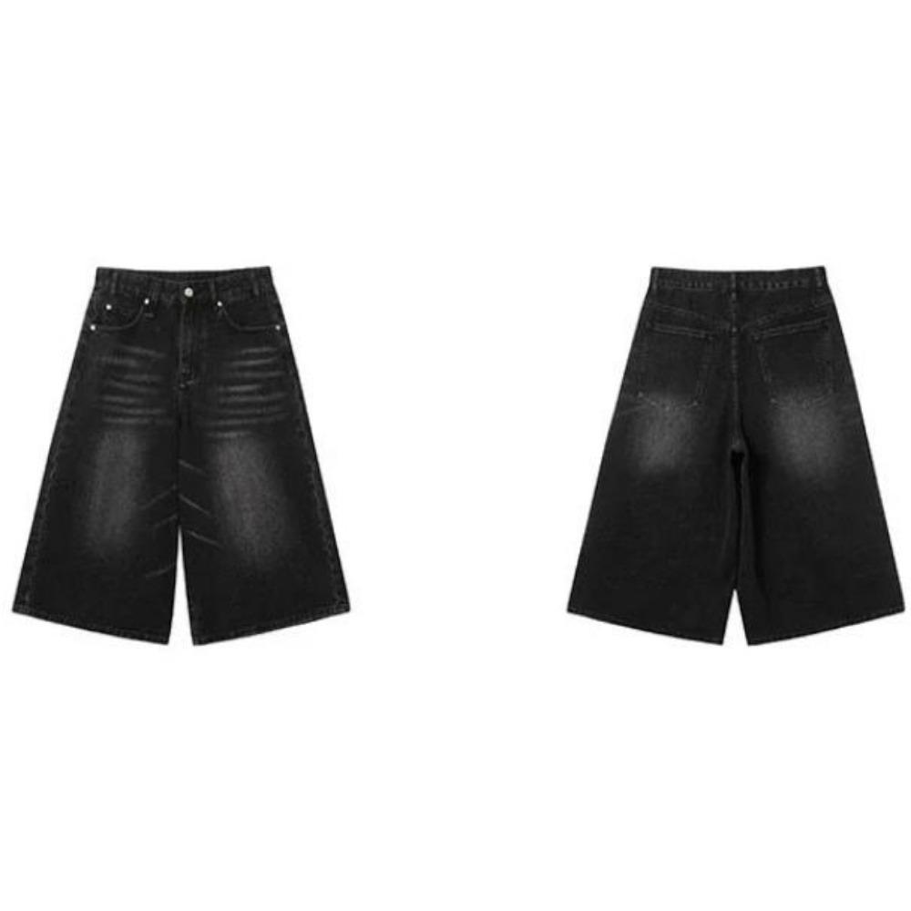 RogueWave Y2k Ретро Женские Джинсовые Шорты с Низкой Посадкой, Потертый Черный Вареный Деним, Укороченные Мешковатые Джинсы с Широкими Штанинами, Шорты из Денима с Бахромой, Мода Акуби