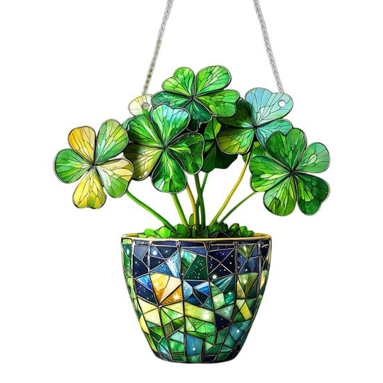 2D плоский клеверный орнамент, окрашенный акриловым оконным ловцом солнца, подвесным украшением в виде листа монстеры, зеленью, подарок для любителей природы