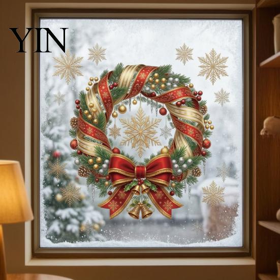 Christmas Window Clings Wreath Cling, Snowflake Bell Static Glass Decals for Shop Adhesives Storefront Door, No Glue Reusable Festive Decor