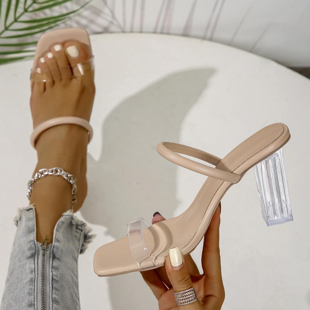 Летний новый стиль однорядные босоножки на толстом каблуке с кристаллами модная верхняя одежда женские туфли на высоком каблуке прозрачные босоножки