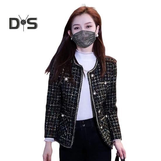 Женский твидовый пиджак с длинным рукавом, застегивающийся на пуговицы, укороченный блейзер с карманами, двубортное пальто в сетку для осени и зимы