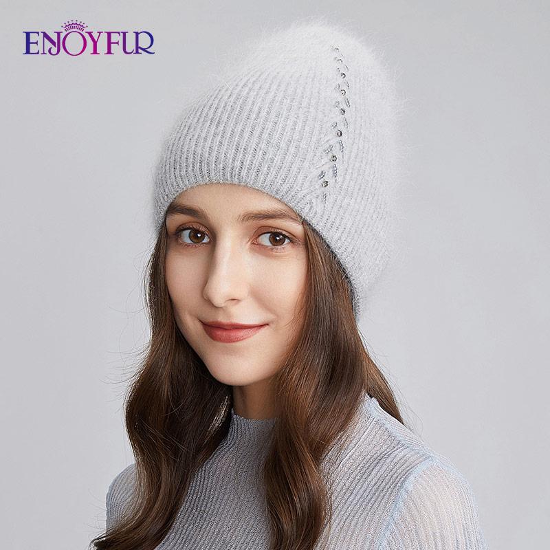 Мягкая шапка ENJOYFUR, теплые зимние женские шапки, мягкая ангорская шерсть, вязаная шапка-бини, толстая двойная подкладка, повседневные шапки в русском стиле с черепом