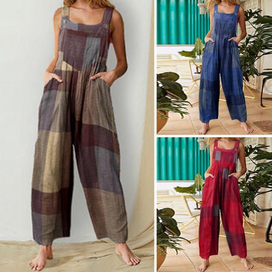 Sleeveless Square Collar Jumpsuit Pockets Wide Leg Ankle Length Retro Plaid Pattern Suspender Playsuit Streetwear