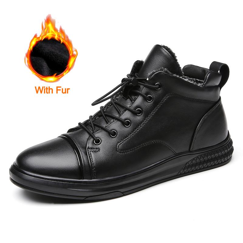 Genuine Leather Men's Casual Shoes Fashion High Top Sneakers Shoes Winter Wool Fur Warm Men Boots Outdoor Snow Non-Slip Footwear