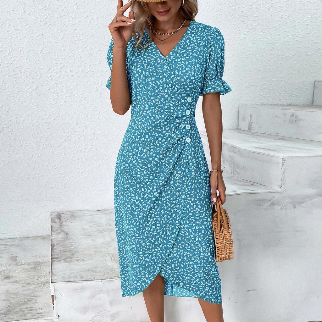 Women's Summer Casual Dress V Neck A-line Boho Ditsy Floral Flounce Sleeve Wrap Hem Dress