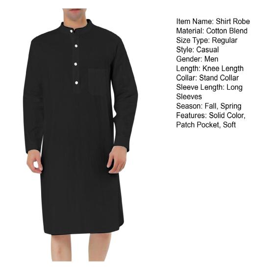 Мужская рубашка, халат с длинным рукавом и воротником-стойкой, накладной карман, полуоднобортный однобортный однотонный мужской топ до колена на весну и осень