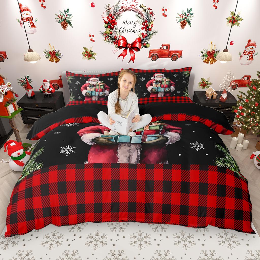 Homewish Kids Merry Christmas Duvet Cover Set 2pcs/3pcs, Xmas Tree Santa Claus Bedding Set, Kawaii Snowman Quilt Cover Set
