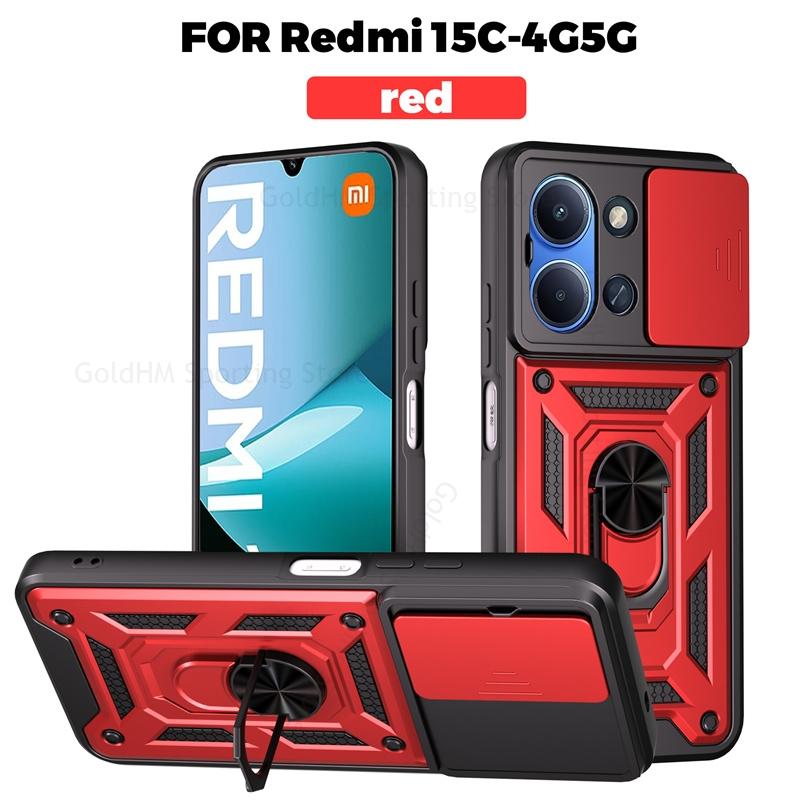 Противоударный гибридный чехол для телефона повышенной прочности для Xiaomi Redmi 15C 14C 13C с магнитным кольцом-держателем-подставкой и сдвижной крышкой объектива Redmi Note 14 12 13 15 Pro Plus