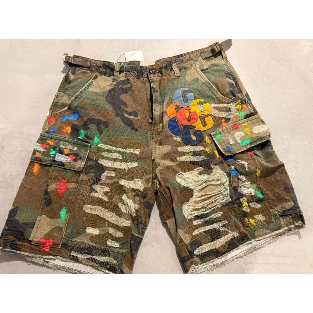 ZYLLO Летняя мода Камуфляжная вставка Кожа Буква Потертые Ретро Джинсы до колена Мужские Женские Шорты
