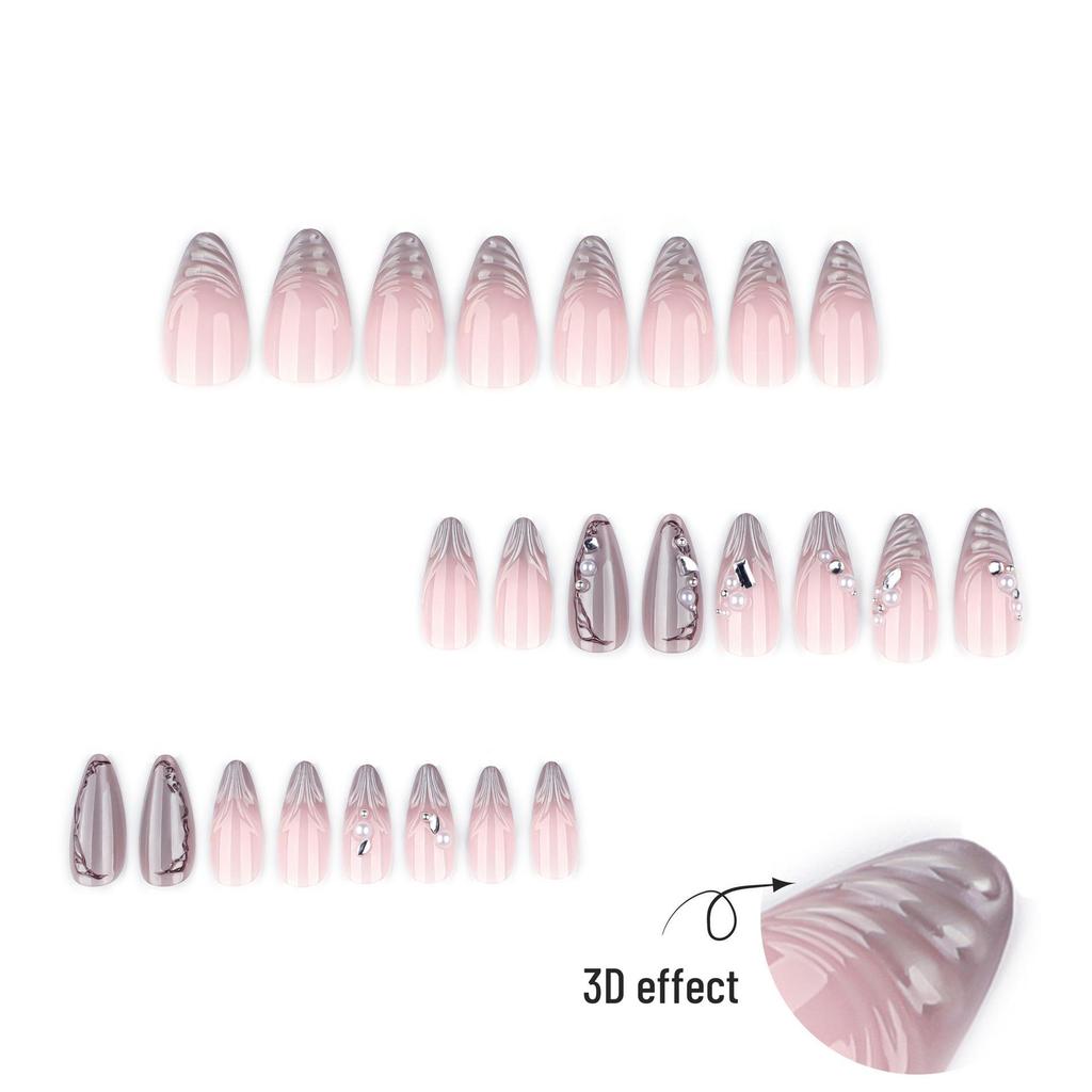 French Pastel Cat Eye 3D Wave Pearl Rhinestone Press-On Nails