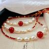Vintage New Year's Red Pigeon Blood Red Natural Chalcedony Agate Baroque Pearl Necklace Collarbone Chain