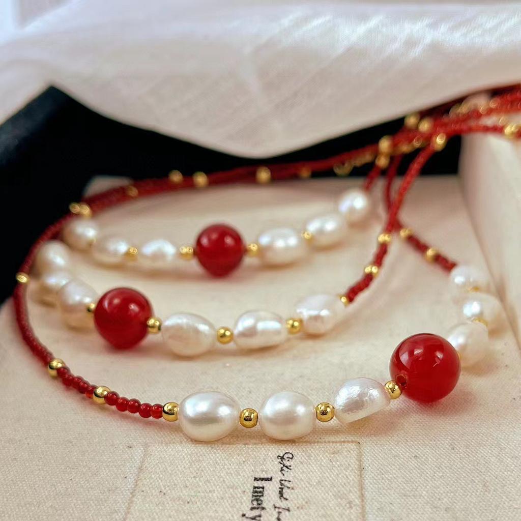 Vintage New Year's Red Pigeon Blood Red Natural Chalcedony Agate Baroque Pearl Necklace Collarbone Chain