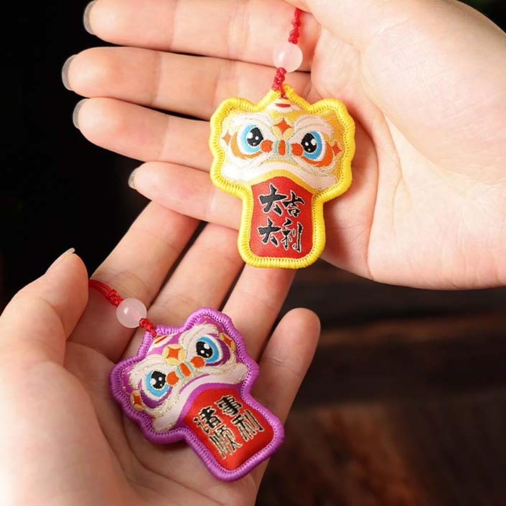 Chinese Style Lion Dance Embroidered Pendant Awakened Lion Hanging Decoration Temple Safe Amulet