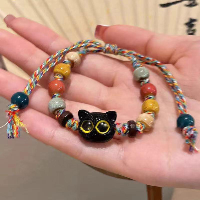 Милый браслет с мультяшным котом для женщин и девочек, креативные красочные регулируемые плетеные браслеты из веревки, уникальные браслеты с подвесками в виде кота и бисера