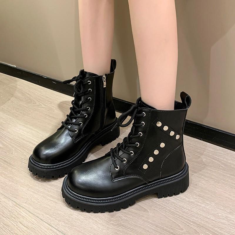 Модные женские ботильоны в британском стиле на толстой подошве, осенне-зимние, новые, черные, на массивном каблуке, в стиле панк, на шнуровке, из искусственной кожи, мотоциклетные боты