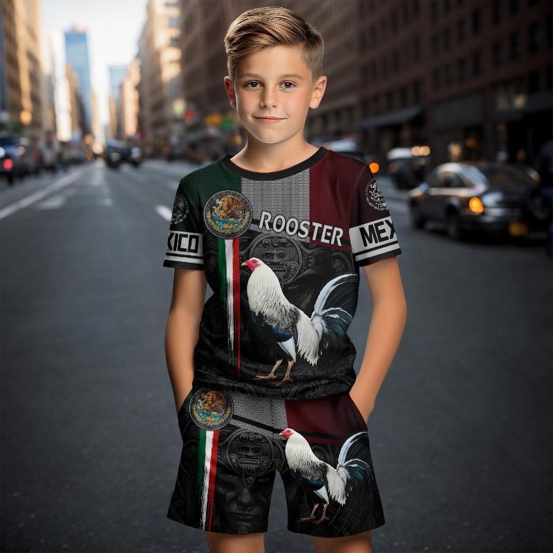 Футболки с 3D-принтом и рисунком мексиканского петуха, комплект из 2 предметов, детская футболка, короткие штаны, костюм для детей 4-14 лет, модные комплекты с коротким рукавом