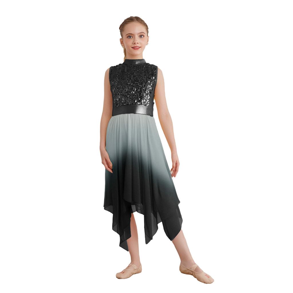 Girls Worship Dance Dress Mock Neck Sleeveless Asymmetrical Hem Shiny Sequins Bodice Liturgical Costume