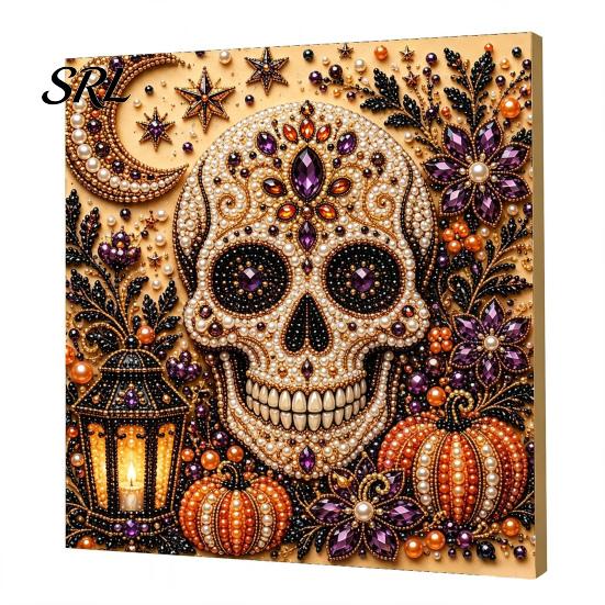 Autumn Home Decor Ghost Faux Pearl Art Kit, Halloween Pumpkin Painting DIY Decorative Canvas Projects 3D Spooky Skull Craft Kit for Adults Beginners,