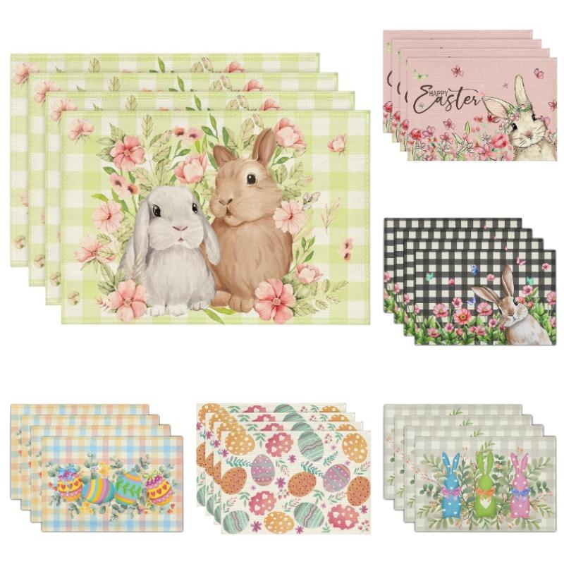 Cute Bunny Placemats Spring Floral Table Decor Dinner Mat Non-Slip Heat Resistant Tableware Pad for Kids Room Tea Party Decor
