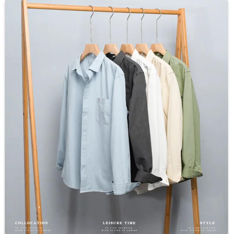 Мужская рубашка с длинным рукавом Simple Style 4XL, повседневные топы с воротником-лацканами из 100 хлопка, универсальная приталенная рубашка однотонного цвета