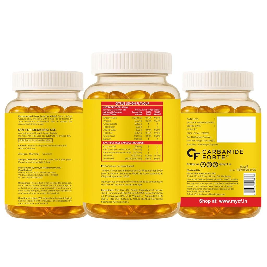 Carbamide Forte Cod Liver Oil Omega 3 FishOil 300mg (120 Softgels Capsules ) with Vitamin D3 Lemon Flavour