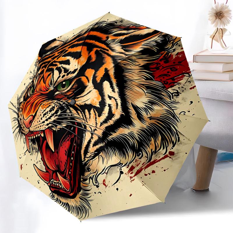1pc Tiger Head Design Umbrella - 8-Rib Automatic Open/Close, Fashionable Compact Umbrella for Outdoor Adventures yy250813210