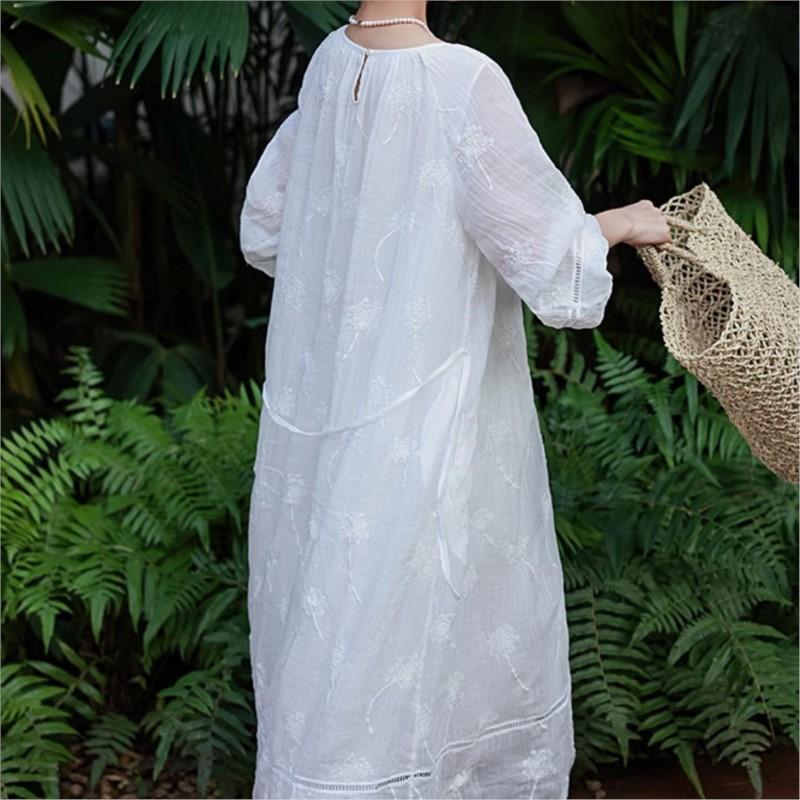 Johnature Женское осеннее модное свободное платье с вышивкой и длинными рукавами, повседневное платье с круглым вырезом и рукавами-фонариками