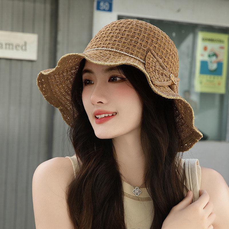 New wide-brimmed knitted bucket hat seaside wavy basin hat sunshade breathable beach hat summer women's bow hat
