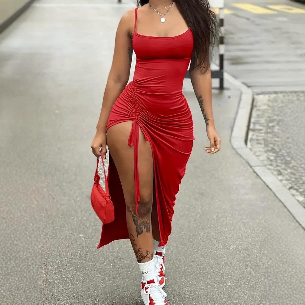 Summer Spice Girl Suspender Dress Side Drawstring High Split Fork Slim Skinny Hips One-step Long Dress