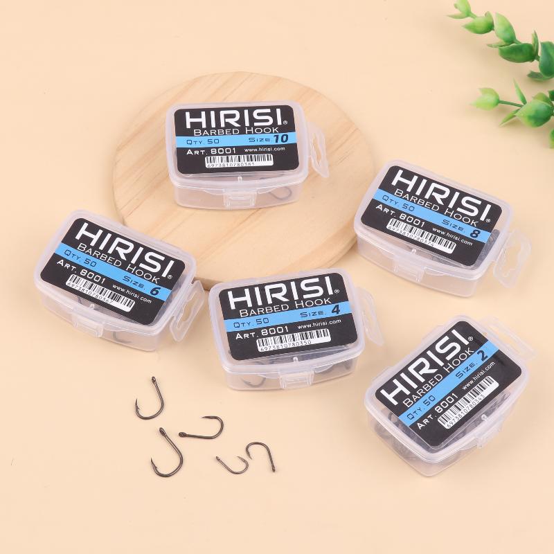 Hirisi 50 шт. Карповые крючки с покрытием PTFE, с ушком, с микробородкой, высокоуглеродистая сталь, 8029, Рыболовные аксессуары, Соединяемая коробка