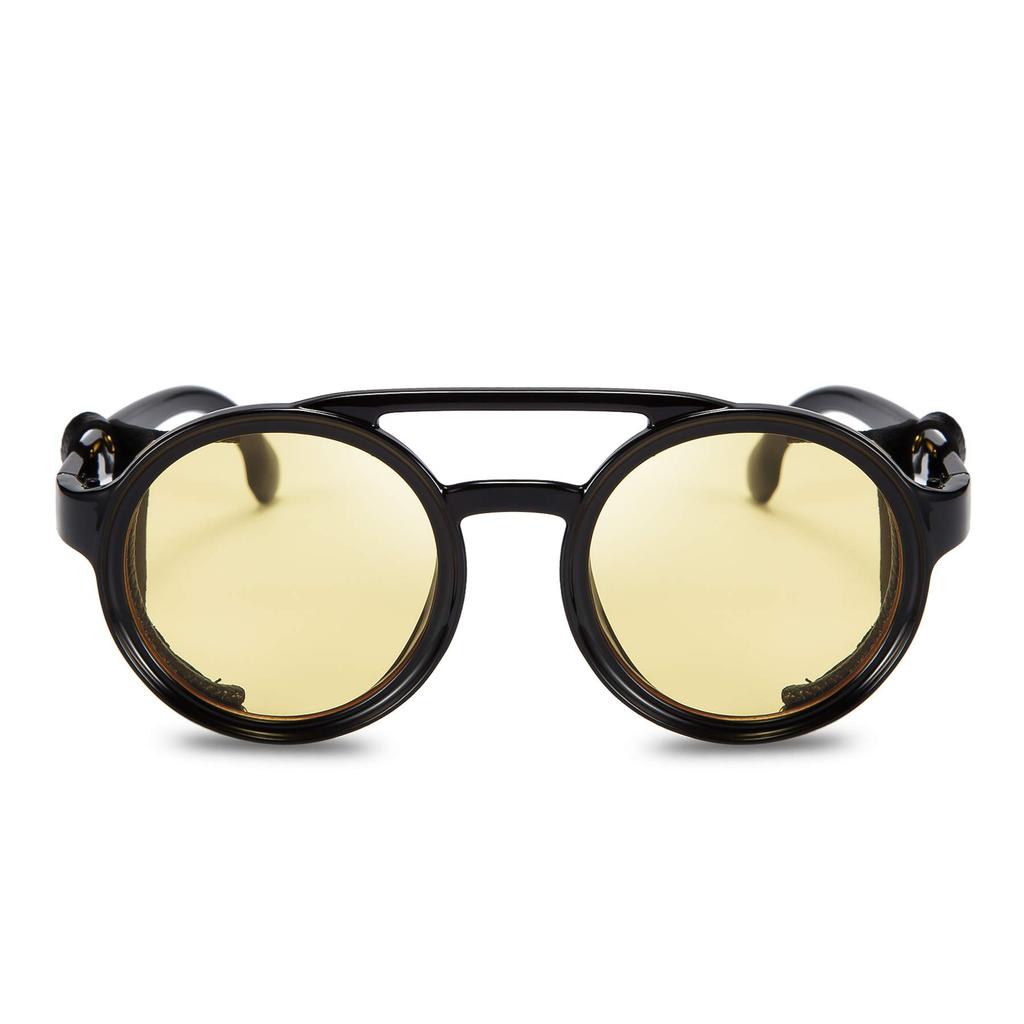 FEISEDY Sunglasses Retro Round Steampunk Vintage Eyewear Plastic Frame Leather B2532 Women's